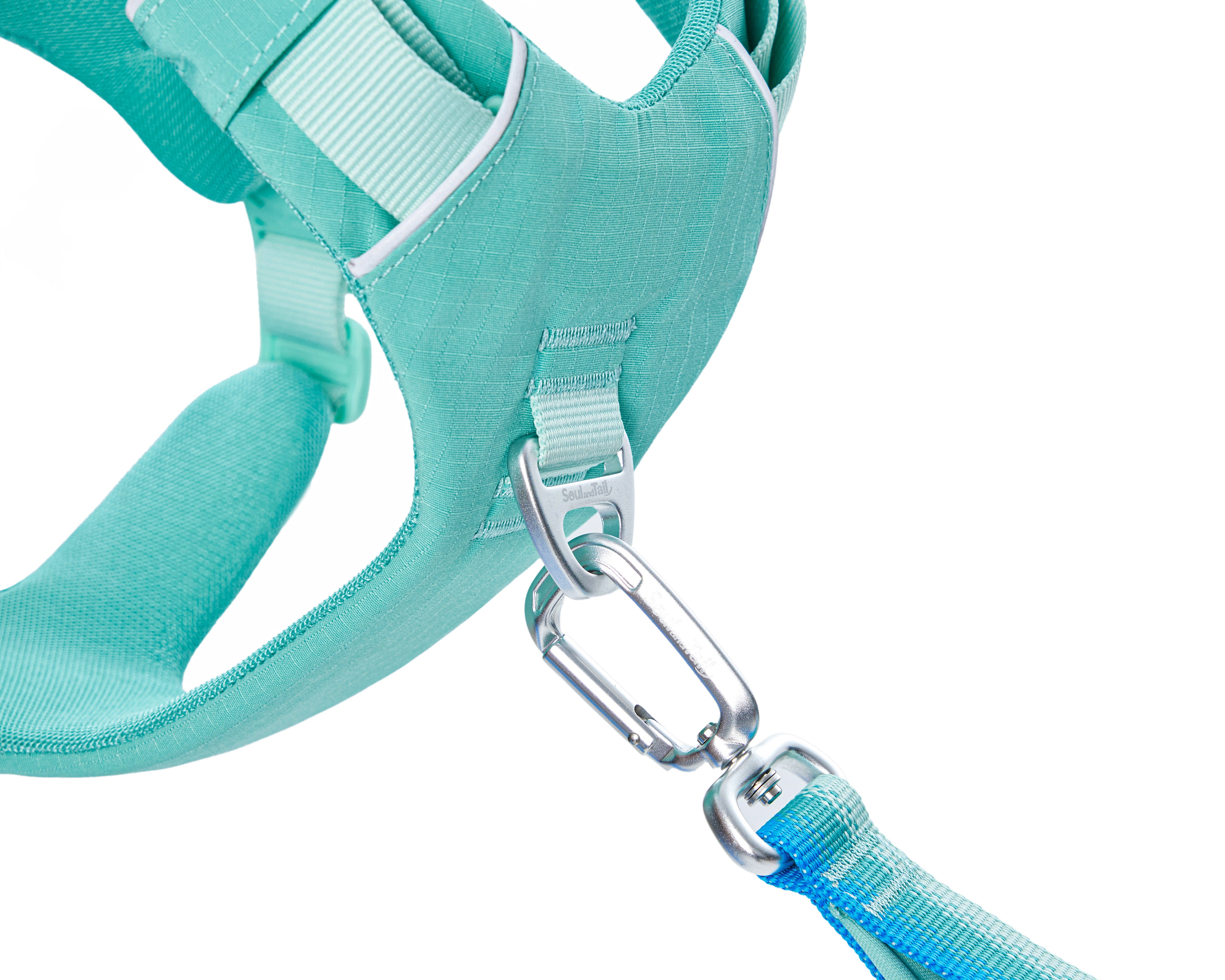 Close-up of Soul and Tail Mint Green dog harness front aluminum ring for no-pull leash attachment