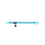 Aqua Coast dog collar with a black tag silencer, aluminum ring, silicon airtag holder, with the mint green magnetic buckle fully opened and lying on a white background