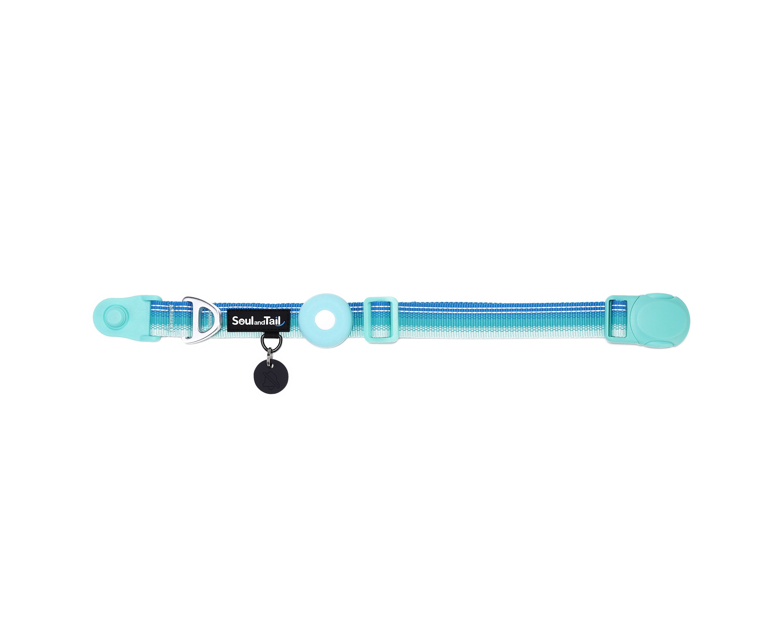 Aqua Coast dog collar with a black tag silencer, aluminum ring, silicon airtag holder, with the mint green magnetic buckle fully opened and lying on a white background