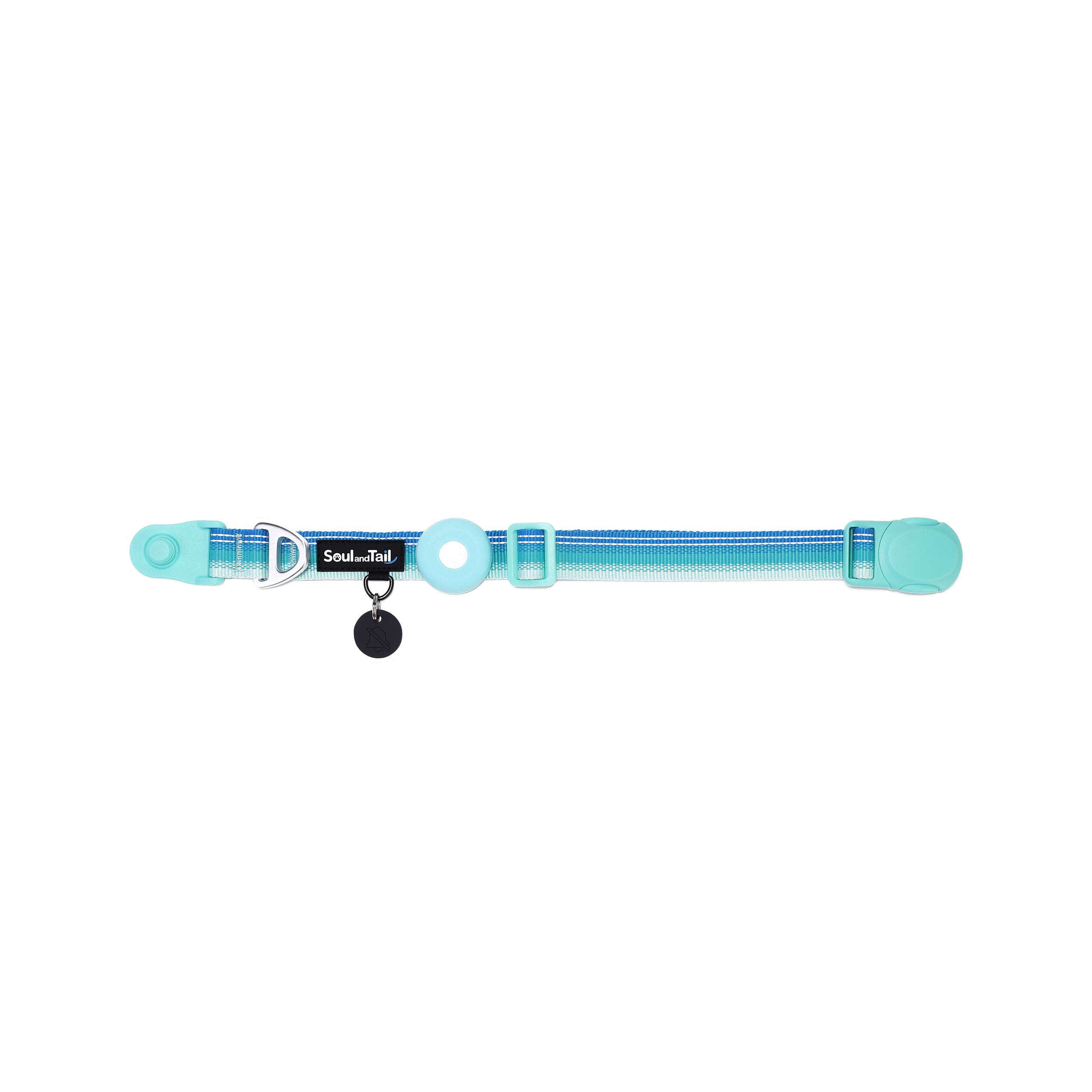 Aqua Coast dog collar with a black tag silencer, aluminum ring, silicon airtag holder, with the mint green magnetic buckle fully opened and lying on a white background