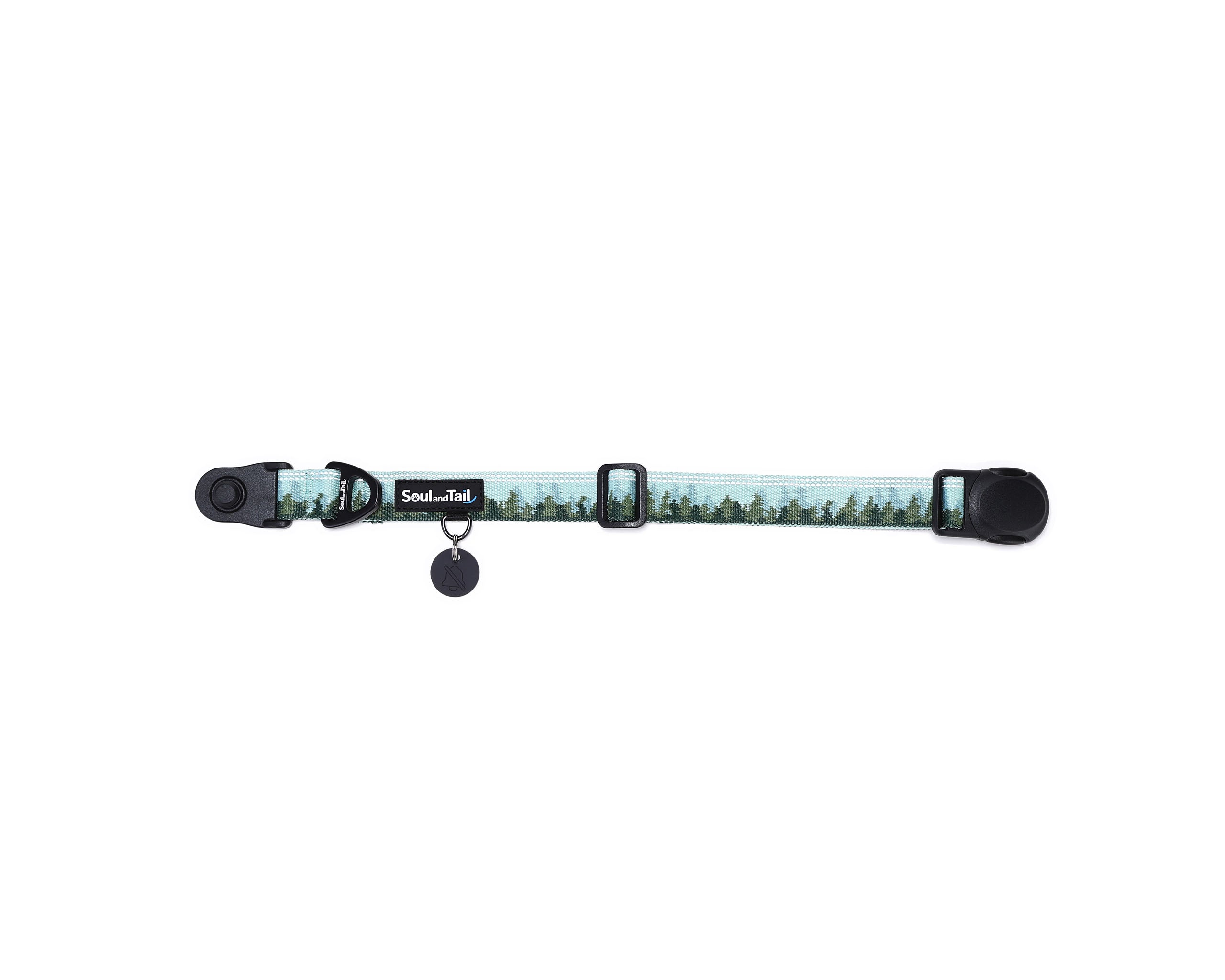 Dog collar with forest mist pattern on its webbing, a black tag silencer, aluminum ring, silicon airtag holder, with the black magnetic buckle fully opened and lying on a white background