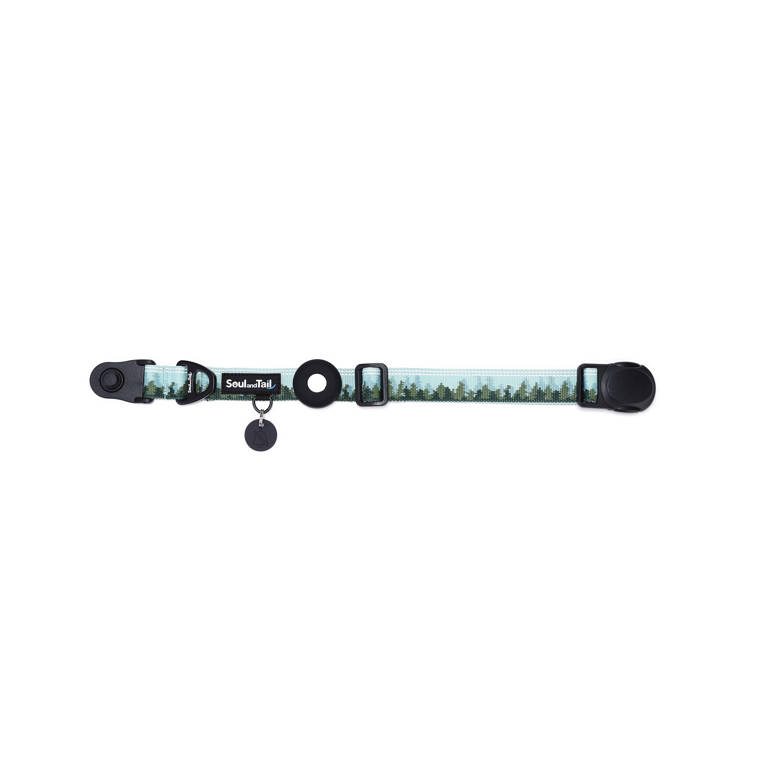 Dog collar with forest mist pattern on its webbing, a black tag silencer, aluminum ring, silicon airtag holder, with the black magnetic buckle fully opened and lying on a white background