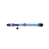 Dog collar with frosted peaks pattern on its webbing, a black tag silencer, aluminum ring, silicon airtag holder, with the black magnetic buckle fully opened and lying on a white background