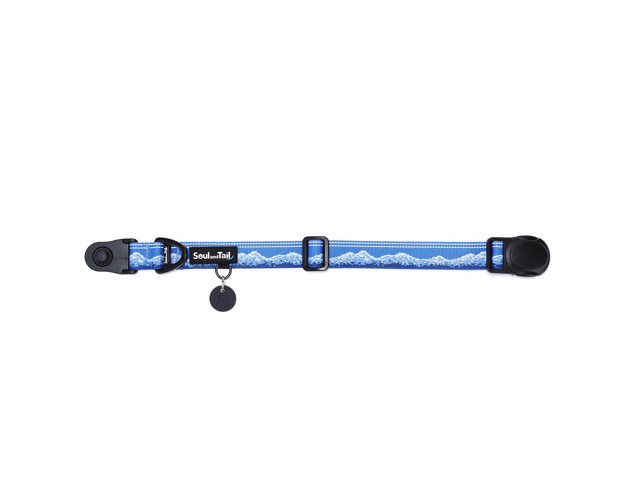 Dog collar with frosted peaks pattern on its webbing, a black tag silencer, aluminum ring, silicon airtag holder, with the black magnetic buckle fully opened and lying on a white background