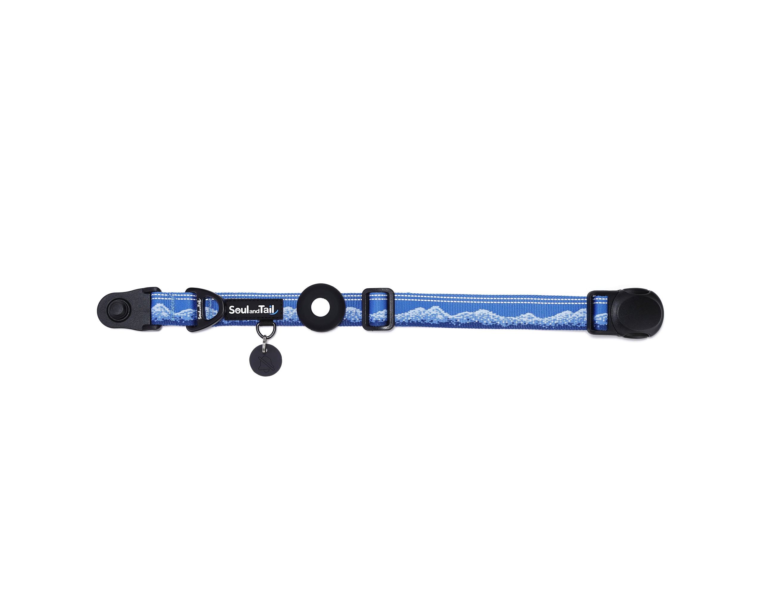 Dog collar with frosted peaks pattern on its webbing, a black tag silencer, aluminum ring, silicon airtag holder, with the black magnetic buckle fully opened and lying on a white background