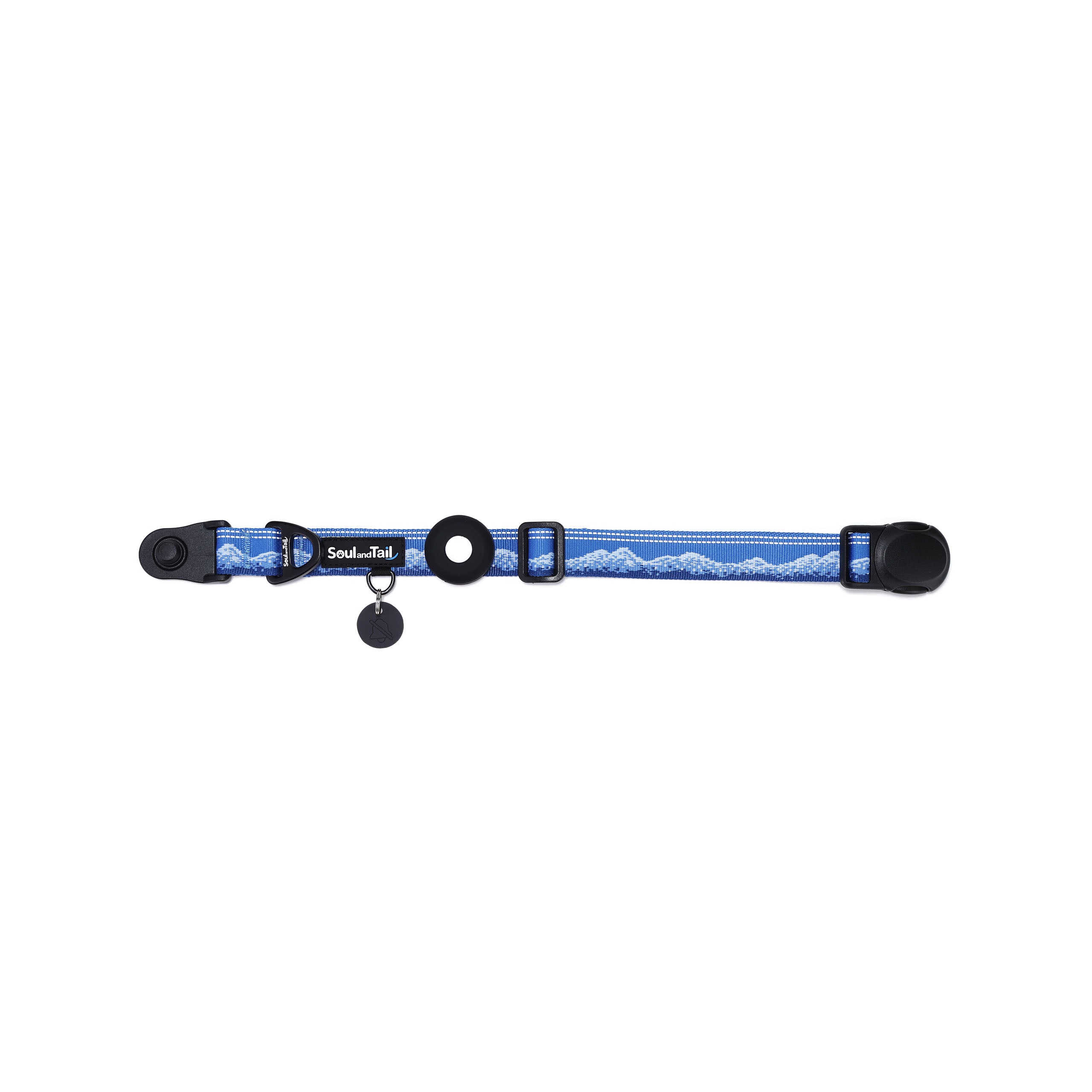 Dog collar with frosted peaks pattern on its webbing, a black tag silencer, aluminum ring, silicon airtag holder, with the black magnetic buckle fully opened and lying on a white background