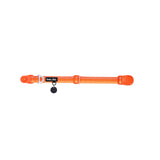 Orange dog collar with a black tag silencer, aluminum ring, silicon airtag holder, with the orange magnetic buckle fully opened and lying on a white background