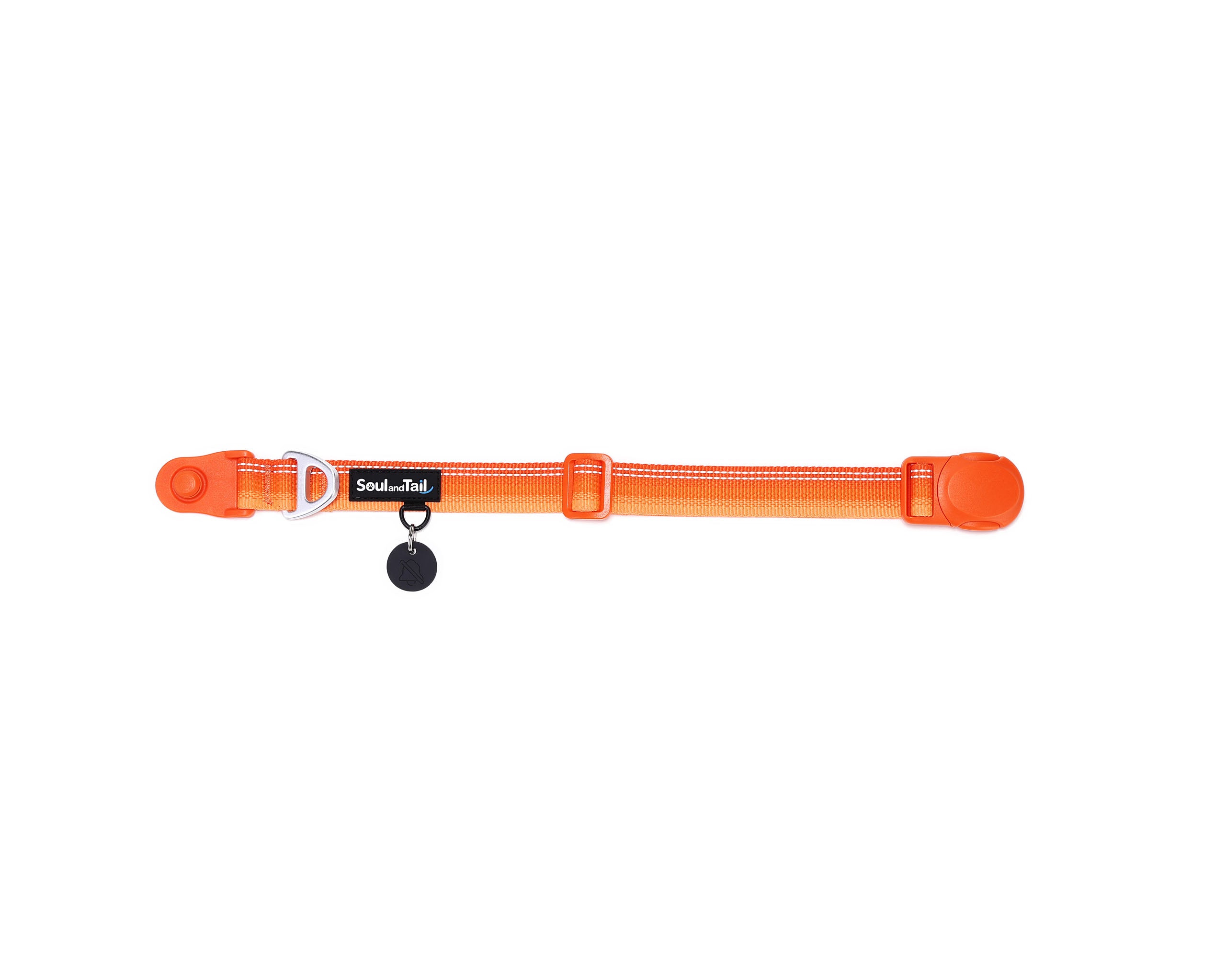 Orange dog collar with a black tag silencer, aluminum ring, silicon airtag holder, with the orange magnetic buckle fully opened and lying on a white background