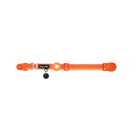 Orange dog collar with a black tag silencer, aluminum ring, silicon airtag holder, with the orange magnetic buckle fully opened and lying on a white background