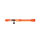 Orange dog collar with a black tag silencer, aluminum ring, silicon airtag holder, with the orange magnetic buckle fully opened and lying on a white background