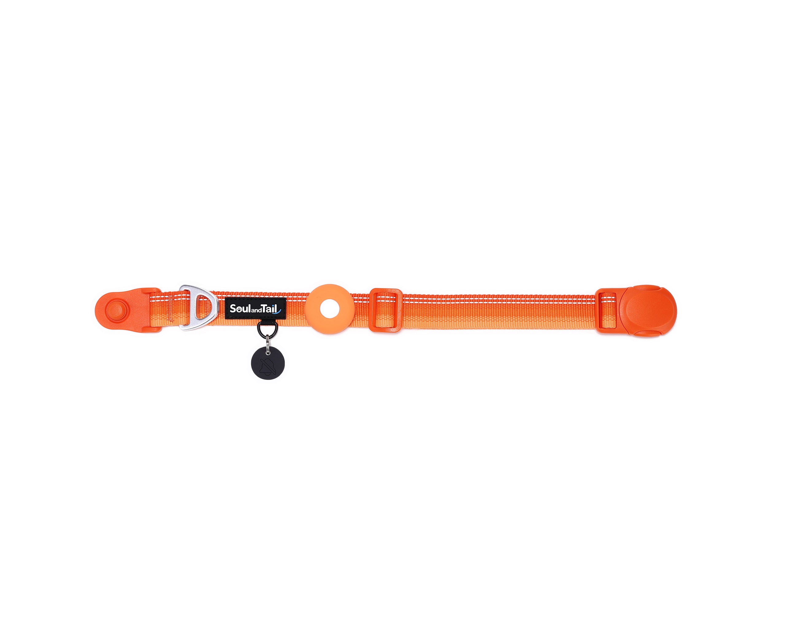 Orange dog collar with a black tag silencer, aluminum ring, silicon airtag holder, with the orange magnetic buckle fully opened and lying on a white background