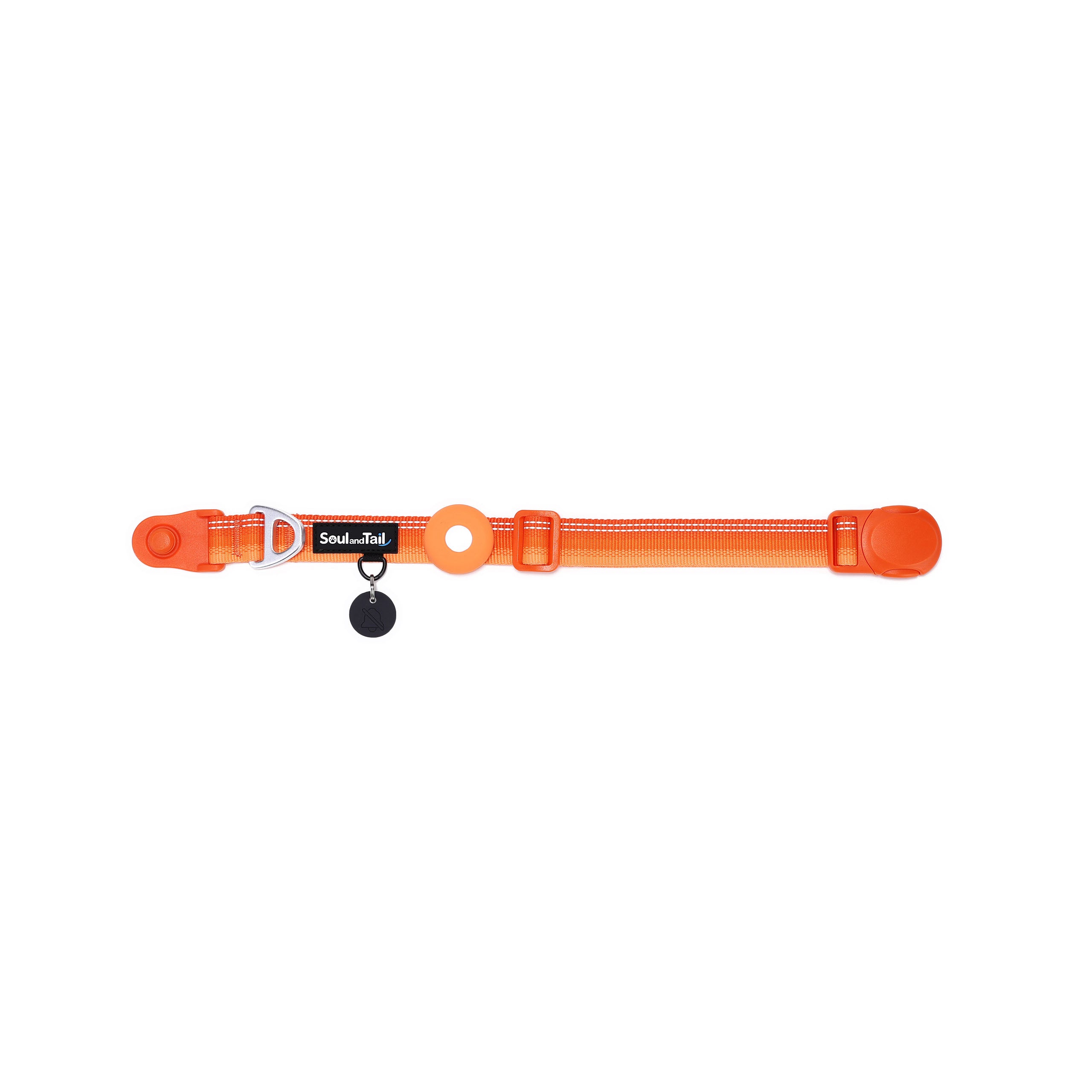 Orange dog collar with a black tag silencer, aluminum ring, silicon airtag holder, with the orange magnetic buckle fully opened and lying on a white background