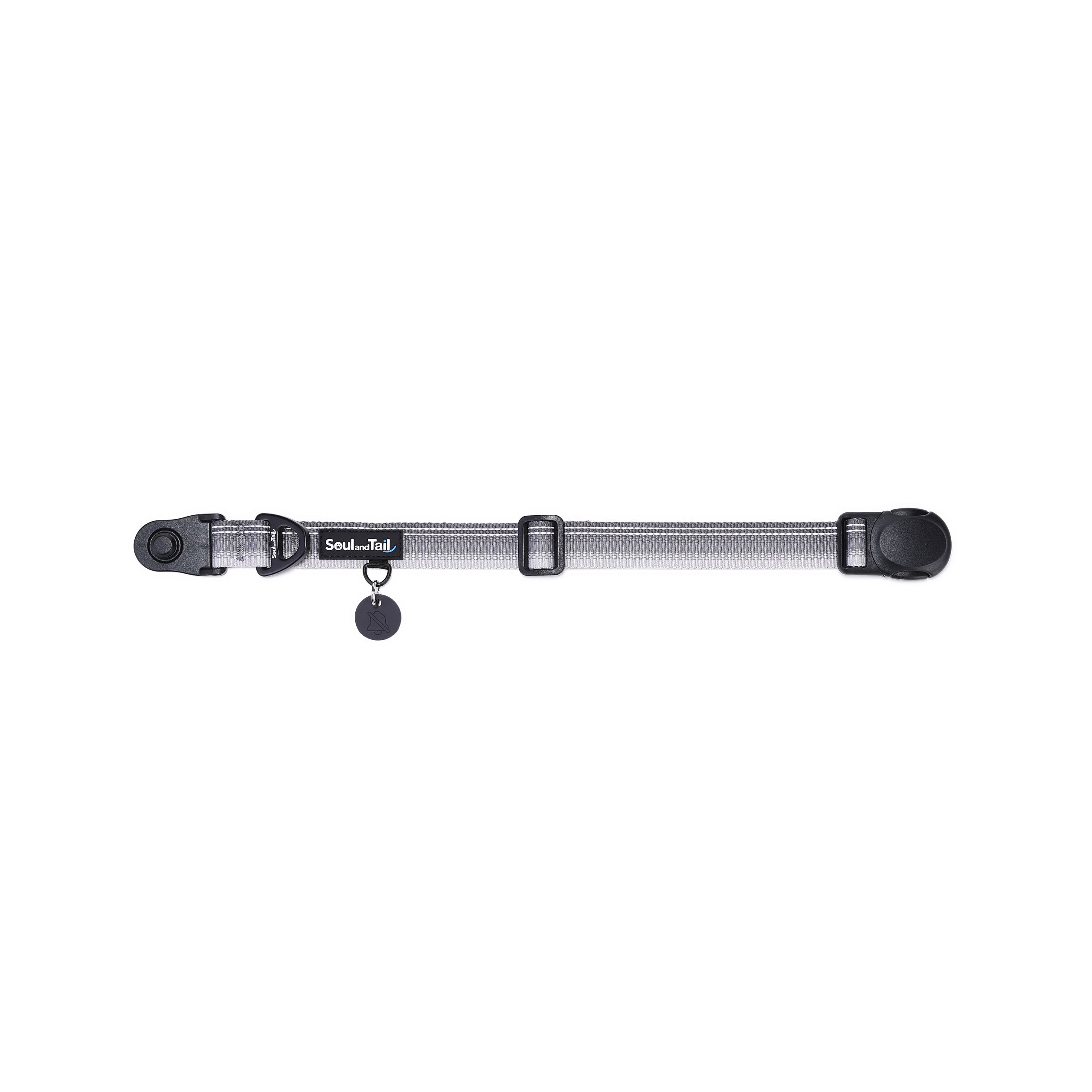 Gray dog collar with a black tag silencer, aluminum ring, silicon airtag holder, with the black magnetic buckle fully opened and lying on a white background