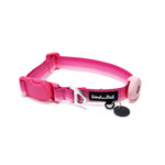 Pink dog collar with a black tag silencer, aluminum ring, silicon airtag holder, assembled by a pink magnetic buckle on a white background