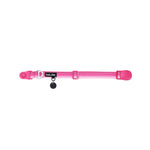 Pink dog collar with a black tag silencer, aluminum ring, silicon airtag holder, with the pink magnetic buckle fully opened and lying on a white background
