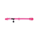 Pink dog collar with a black tag silencer, aluminum ring, silicon airtag holder, with the pink magnetic buckle fully opened and lying on a white background