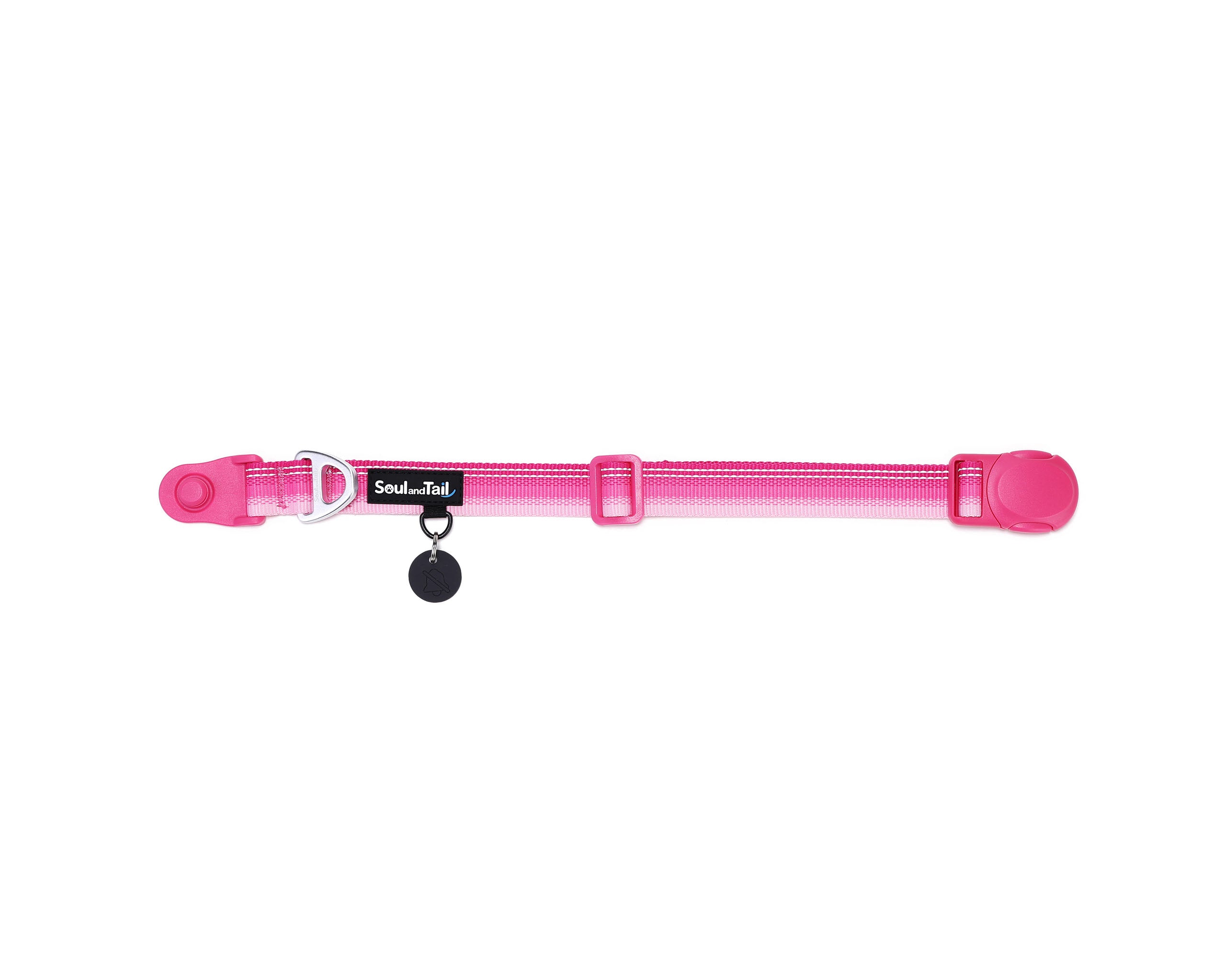 Pink dog collar with a black tag silencer, aluminum ring, silicon airtag holder, with the pink magnetic buckle fully opened and lying on a white background