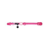 Pink dog collar with a black tag silencer, aluminum ring, silicon airtag holder, with the pink magnetic buckle fully opened and lying on a white background