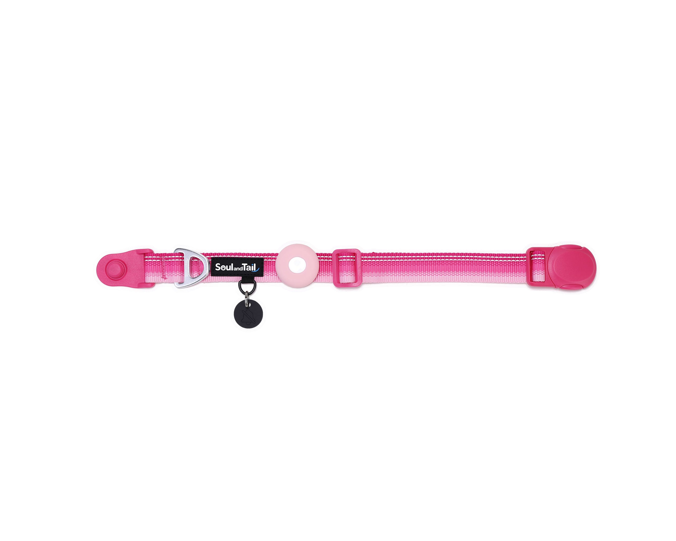 Pink dog collar with a black tag silencer, aluminum ring, silicon airtag holder, with the pink magnetic buckle fully opened and lying on a white background