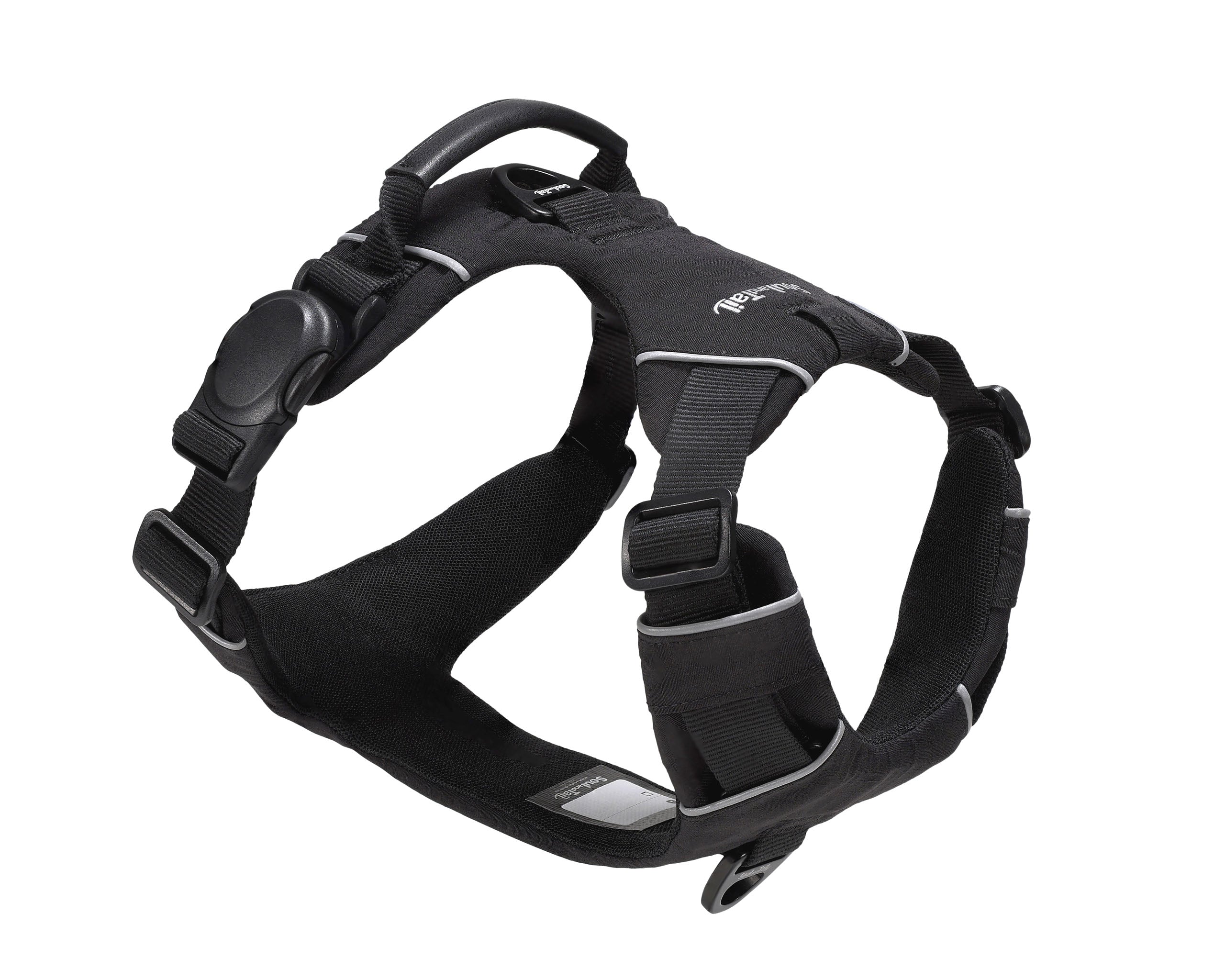 Black dog harness with one side of a black magnetic buckle, an orange vegan leather handle, and two aluminum rings, one on the back, and the other on the front, on a white background  