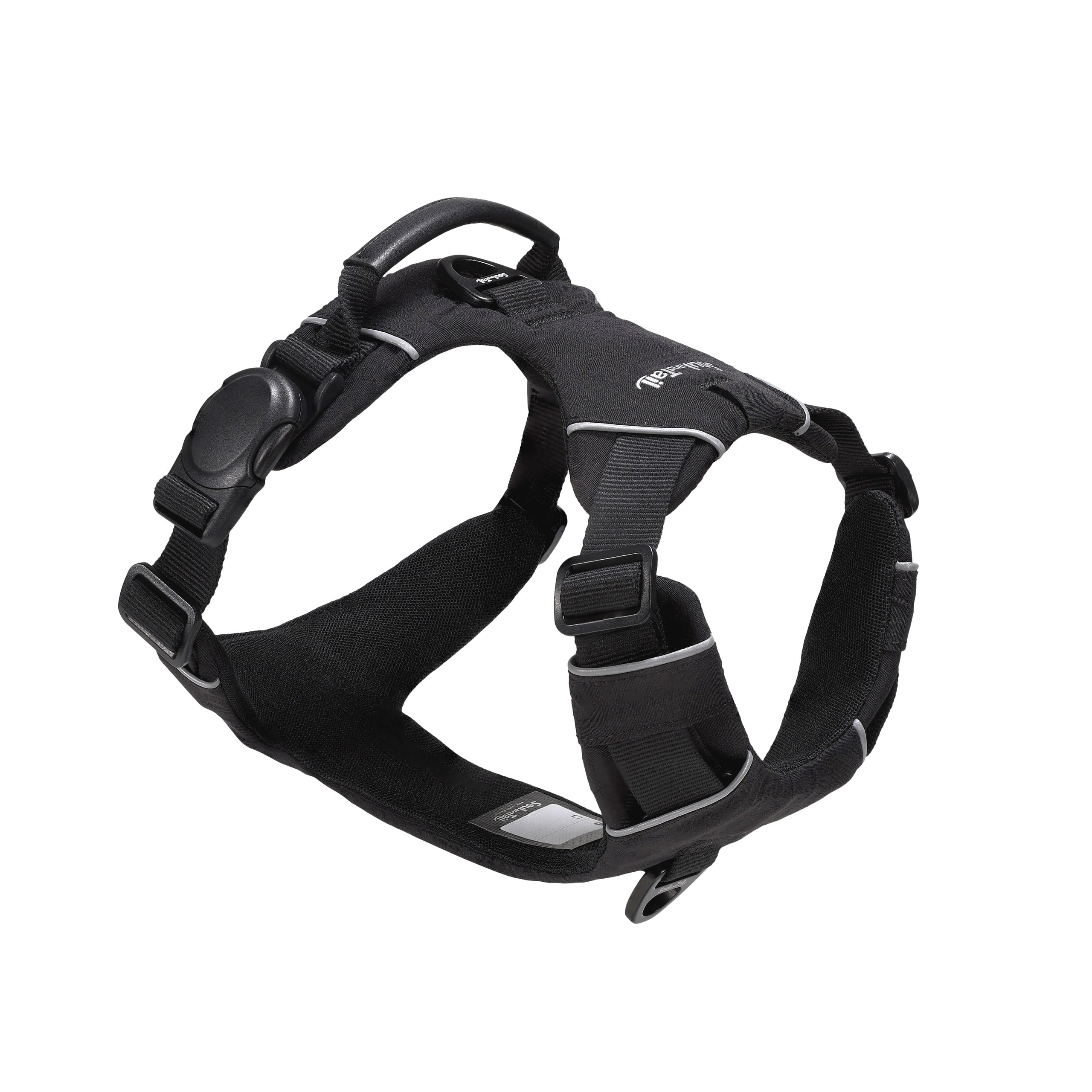 Black dog harness with one side of a black magnetic buckle, an orange vegan leather handle, and two aluminum rings, one on the back, and the other on the front, on a white background  