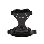 Black dog harness with 'Soul and Tail' branding on a white background