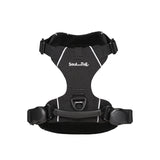 Black dog harness with 'Soul and Tail' branding on a white background
