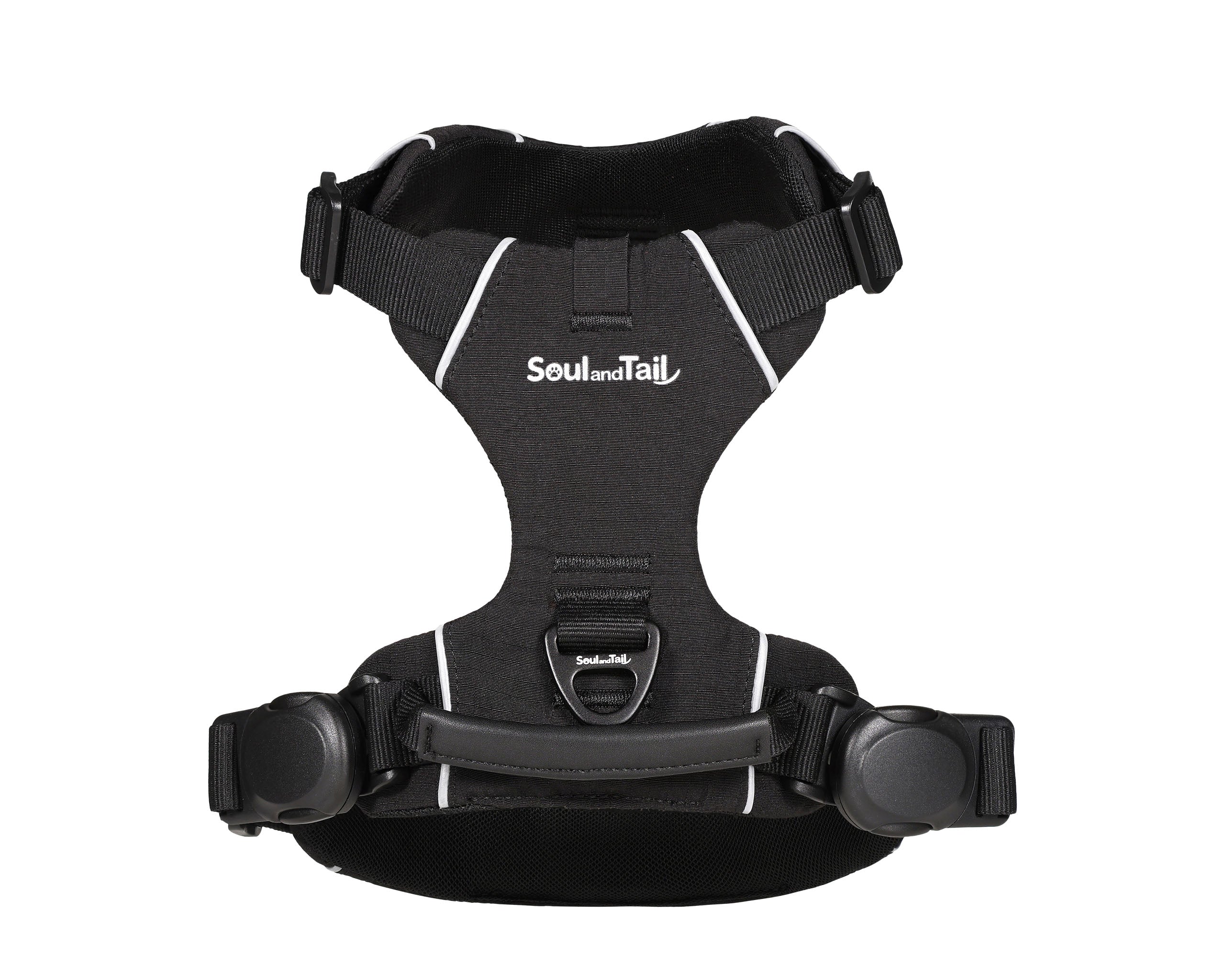 Black dog harness with 'Soul and Tail' branding on a white background