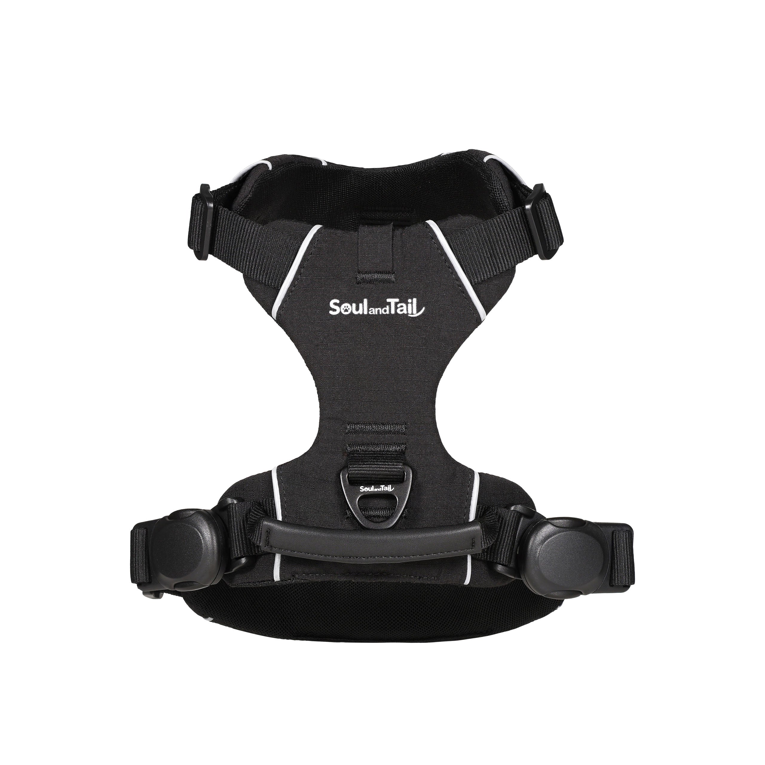 Black dog harness with 'Soul and Tail' branding on a white background