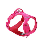 Pink dog harness with one side of a pink magnetic buckle, a pink vegan leather handle, and two aluminum rings, one on the back, and the other on the front, on a white background