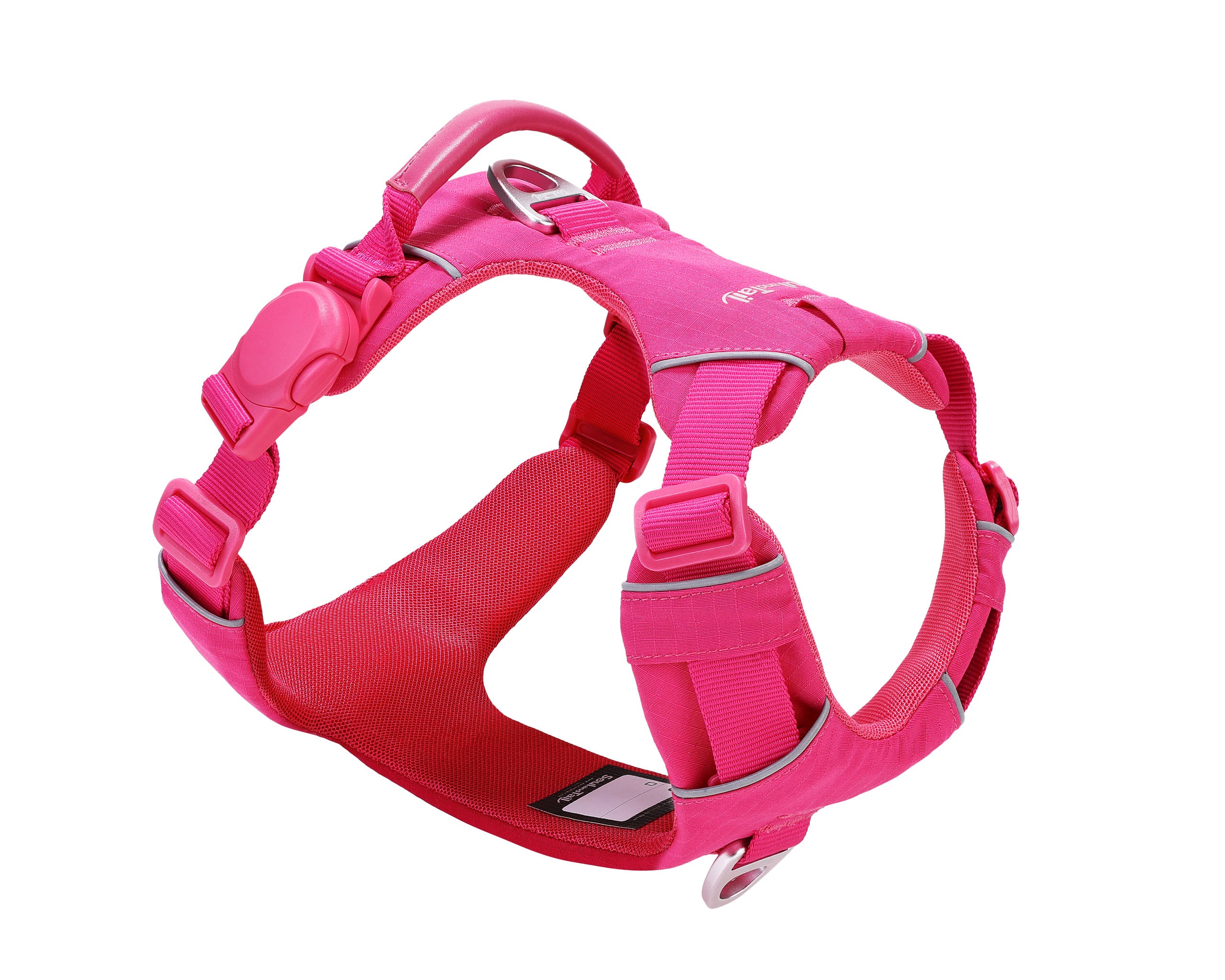 Pink dog harness with one side of a pink magnetic buckle, a pink vegan leather handle, and two aluminum rings, one on the back, and the other on the front, on a white background