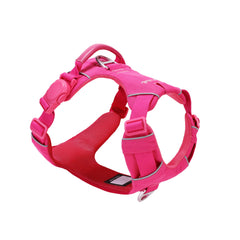 Pink dog harness with one side of a pink magnetic buckle, a pink vegan leather handle, and two aluminum rings, one on the back, and the other on the front, on a white background