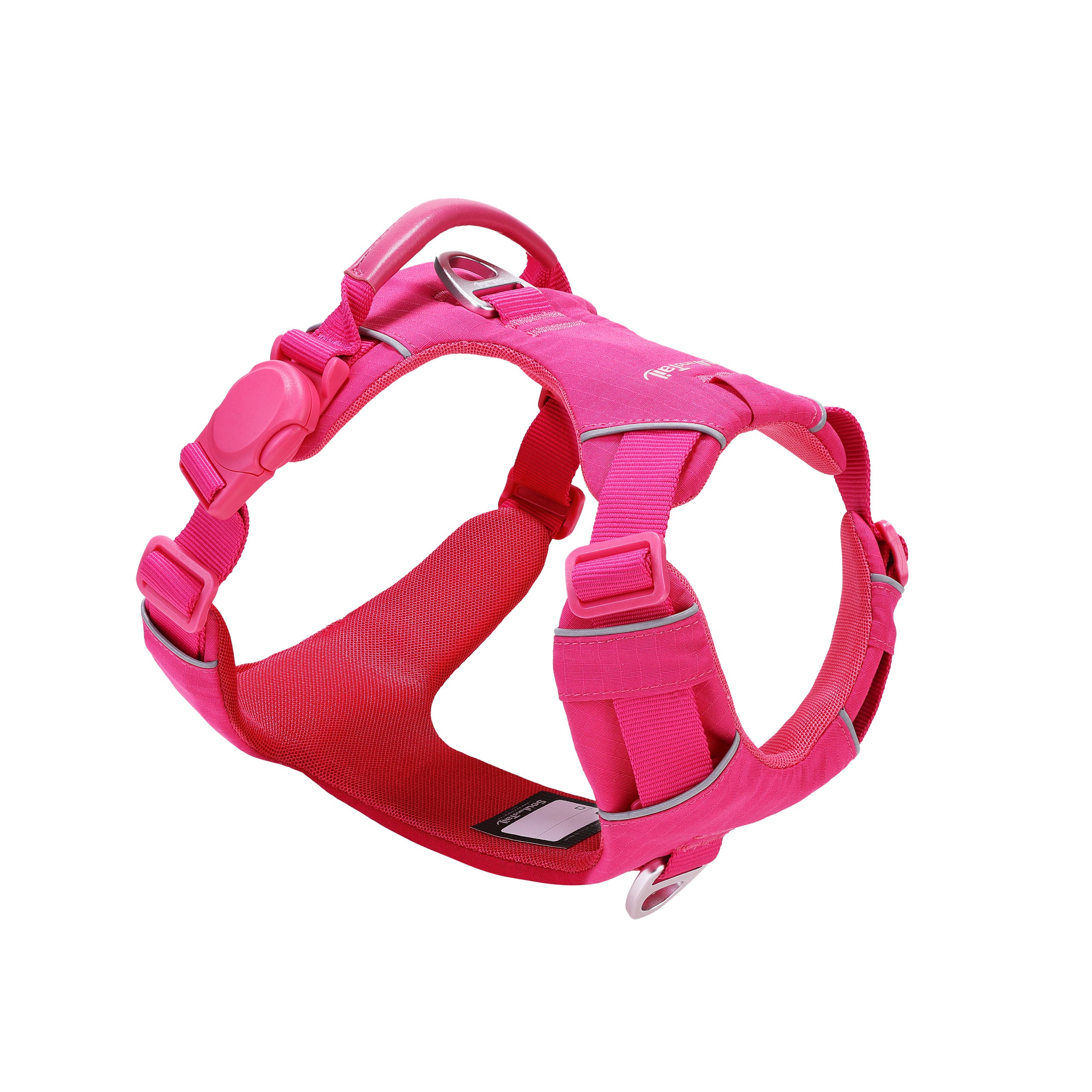 Pink dog harness with one side of a pink magnetic buckle, a pink vegan leather handle, and two aluminum rings, one on the back, and the other on the front, on a white background