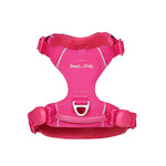 Pink dog harness with 'Soul and Tail' branding on a white background