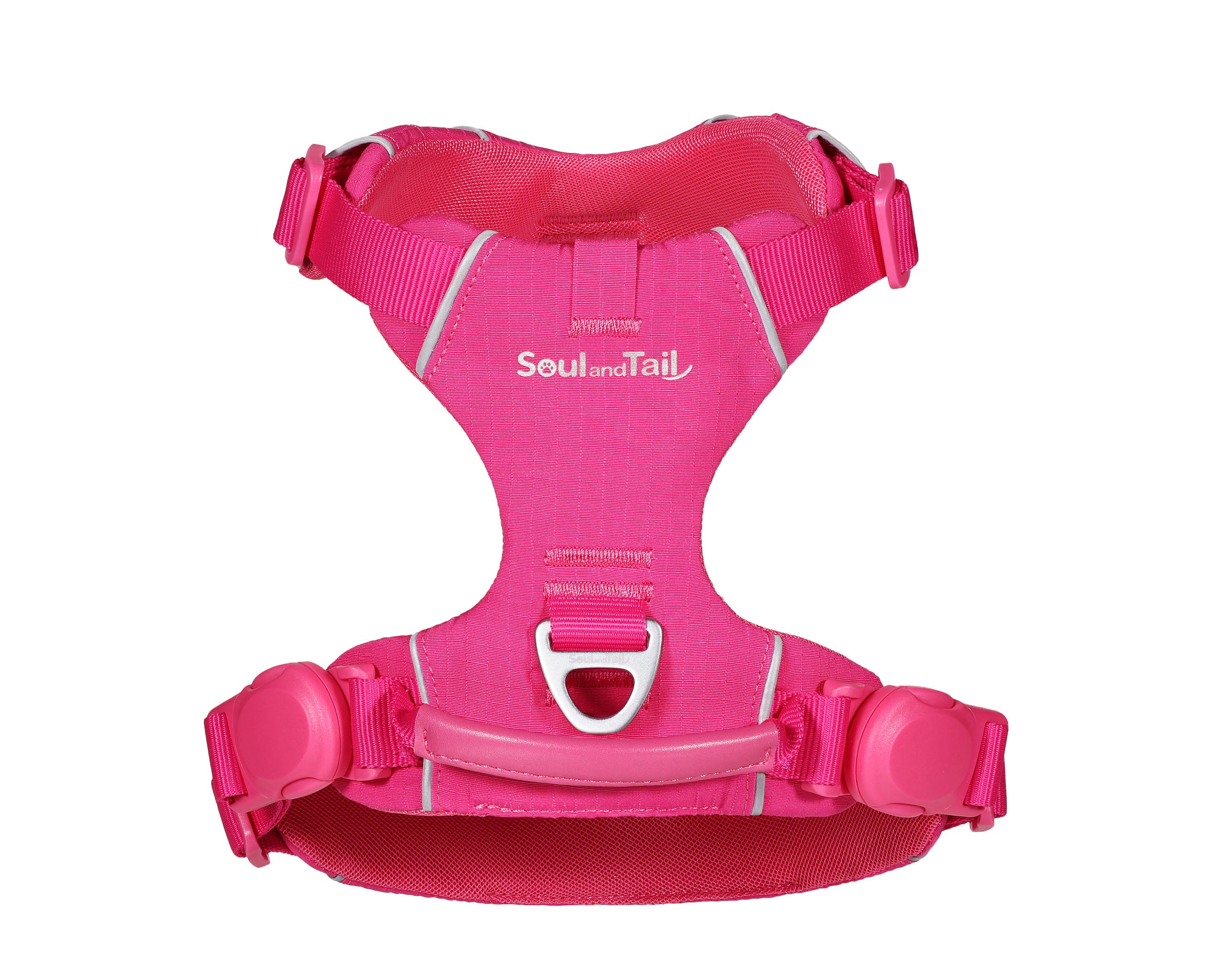 Pink dog harness with 'Soul and Tail' branding on a white background