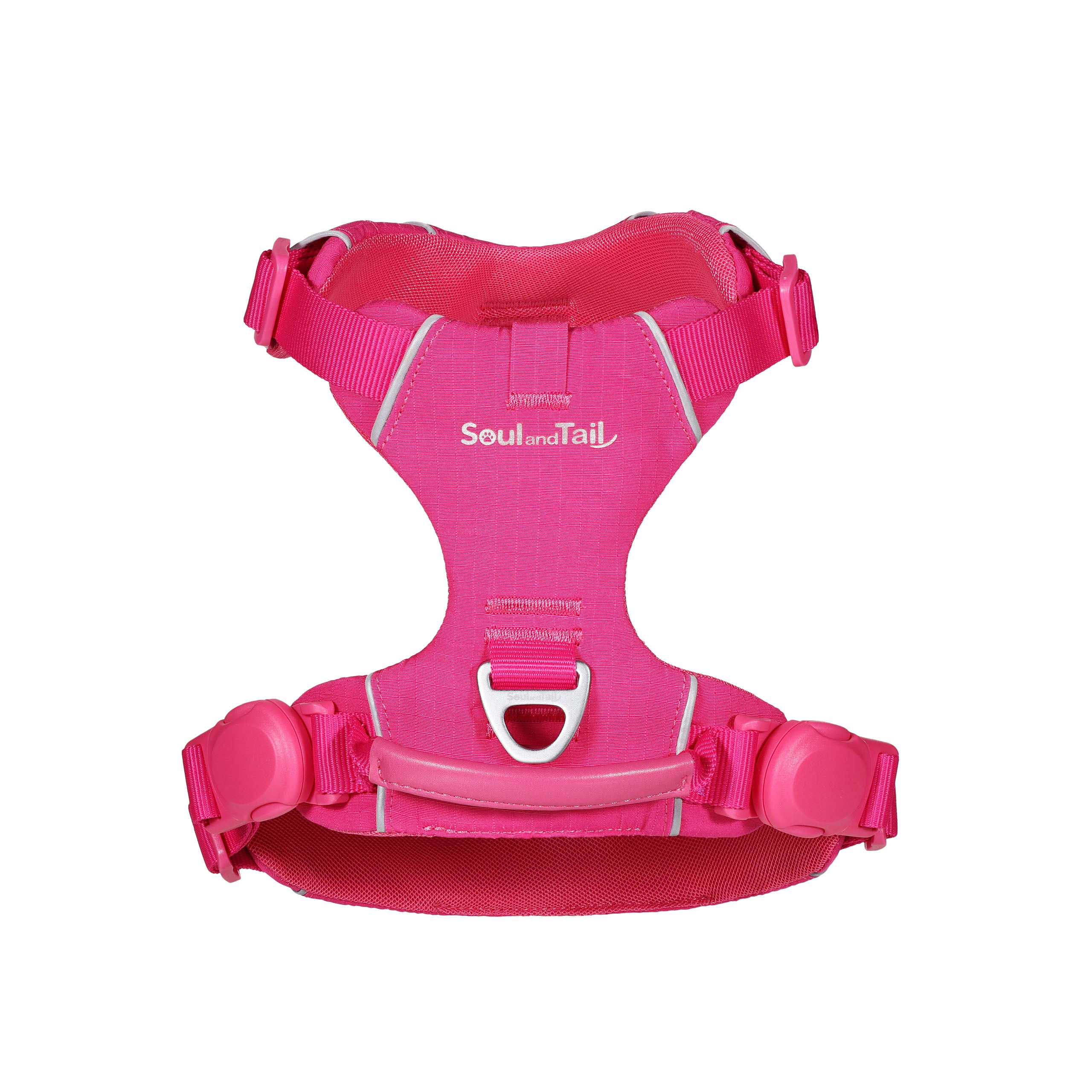 Pink dog harness with 'Soul and Tail' branding on a white background