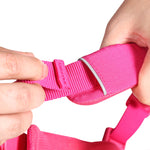 Pink webbing of a dog harness being held by a person's hands on a white background