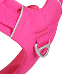 Close-up of a pink dog harness with an aluminum front ring with the logo "Soul and Tail" on a white background