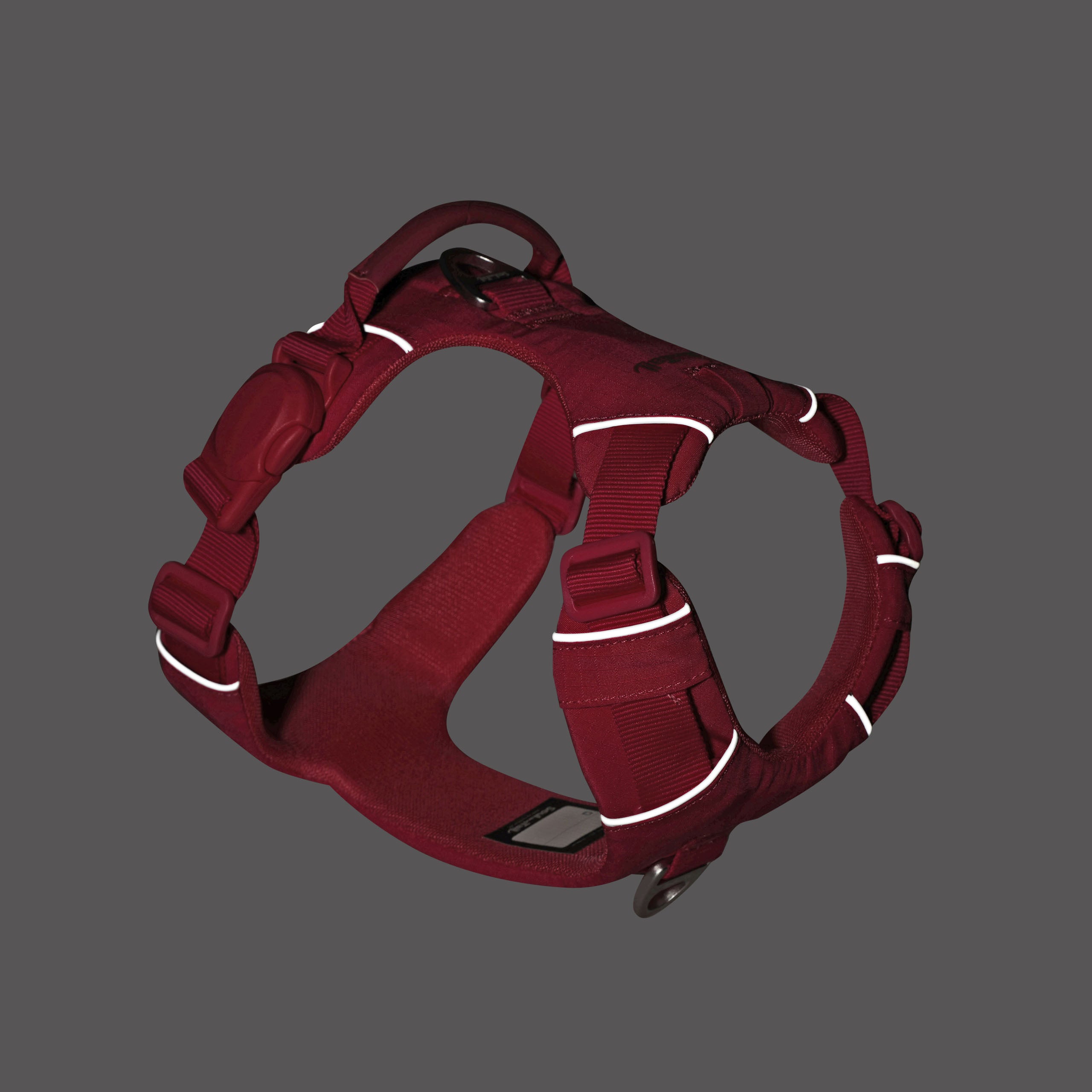 Dog harness with reflective stripes in low-light condition on a gray background