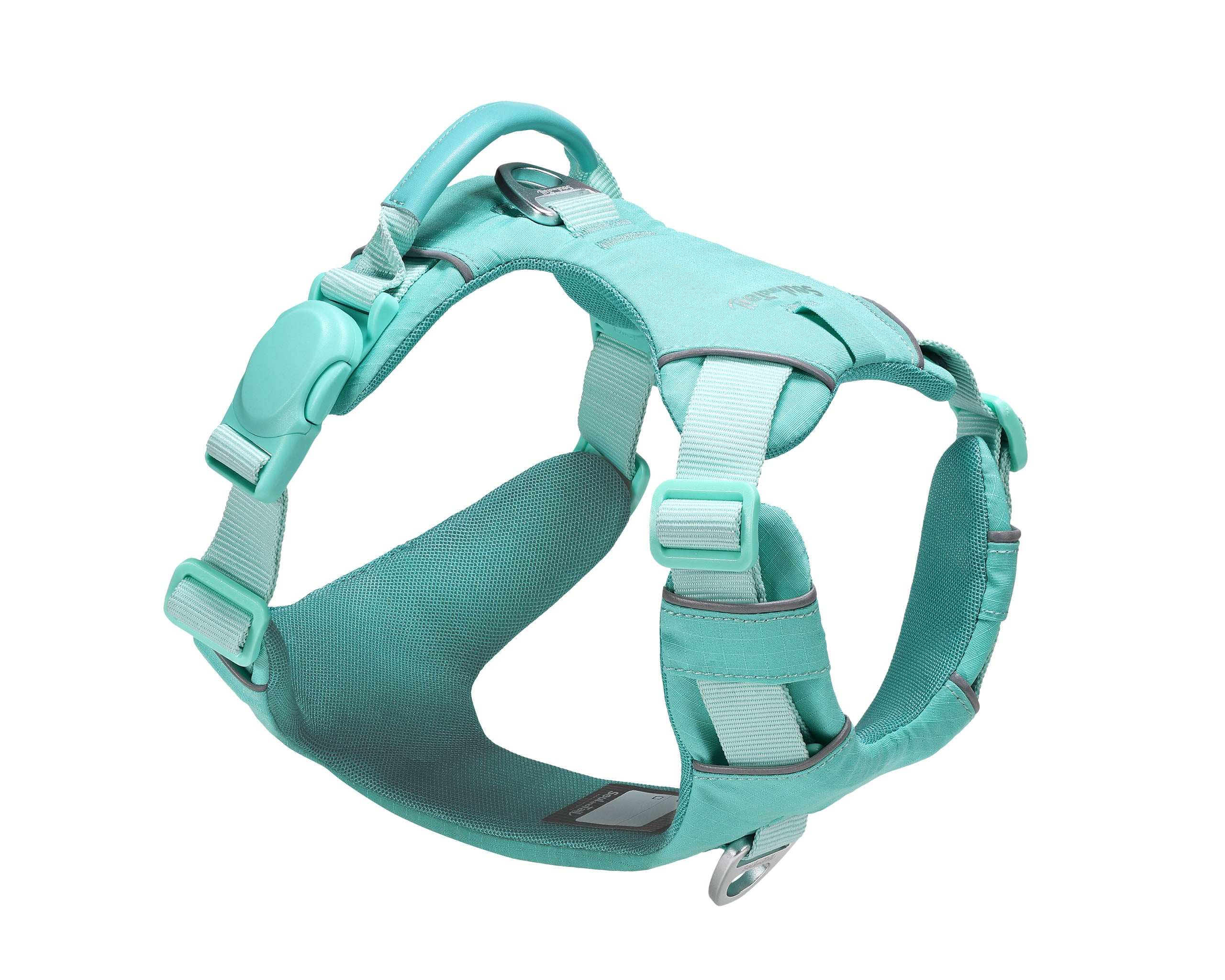 Mint green dog harness with one side of a mint green magnetic buckle, a mint green vegan leather handle, and two aluminum rings, one on the back, and the other on the front, on a white background