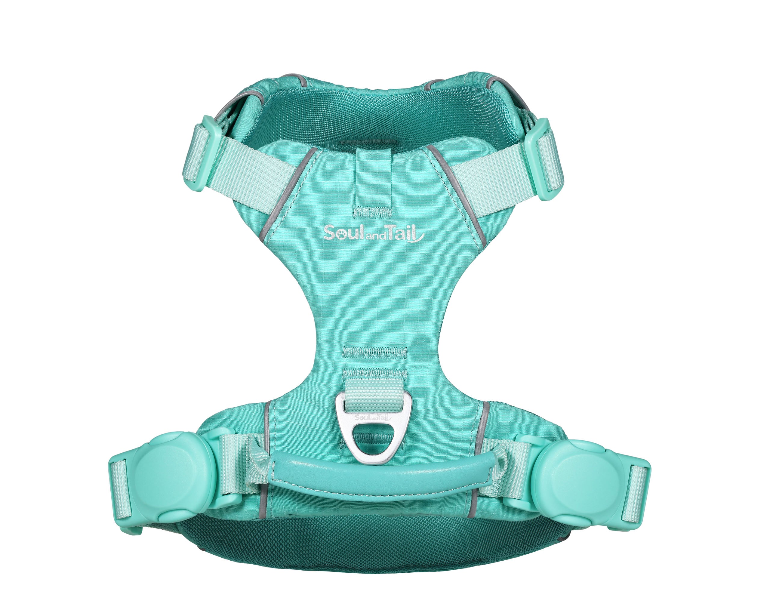 Turquoise dog harness with 'Soul and Tail' branding, with two mint green magnetic buckle on each of the sides, a mint green vegan leather handle, and a aluminum ring, on a white background