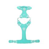 Turquoise dog harness with its magnetic buckle fully opened lying a white background