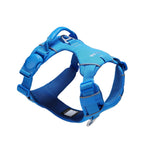 Blue dog harness with one side of a blue magnetic buckle, a blue vegan leather handle, and two aluminum rings, one on the back, and the other on the front, on a white background