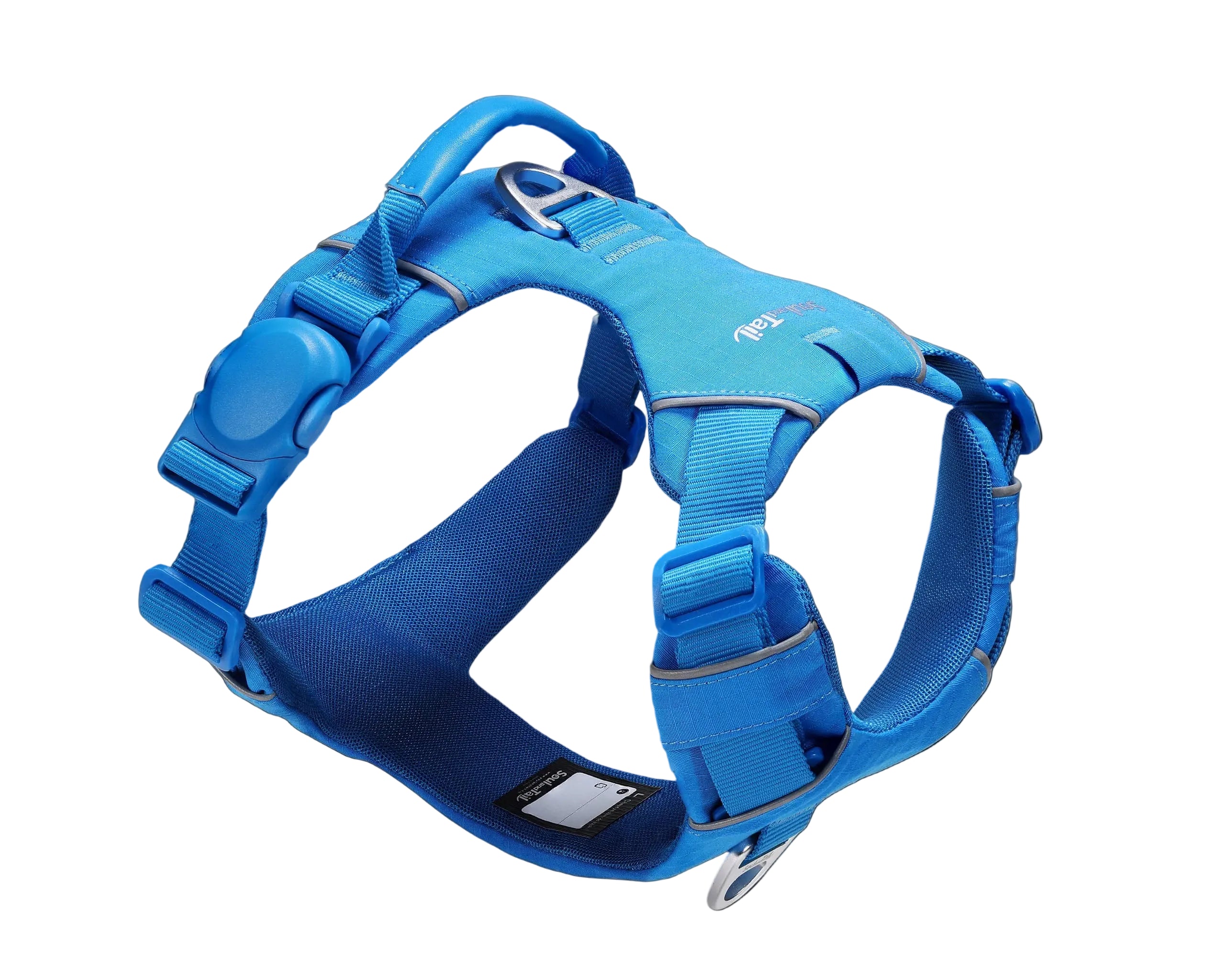 Blue dog harness with one side of a blue magnetic buckle, a blue vegan leather handle, and two aluminum rings, one on the back, and the other on the front, on a white background