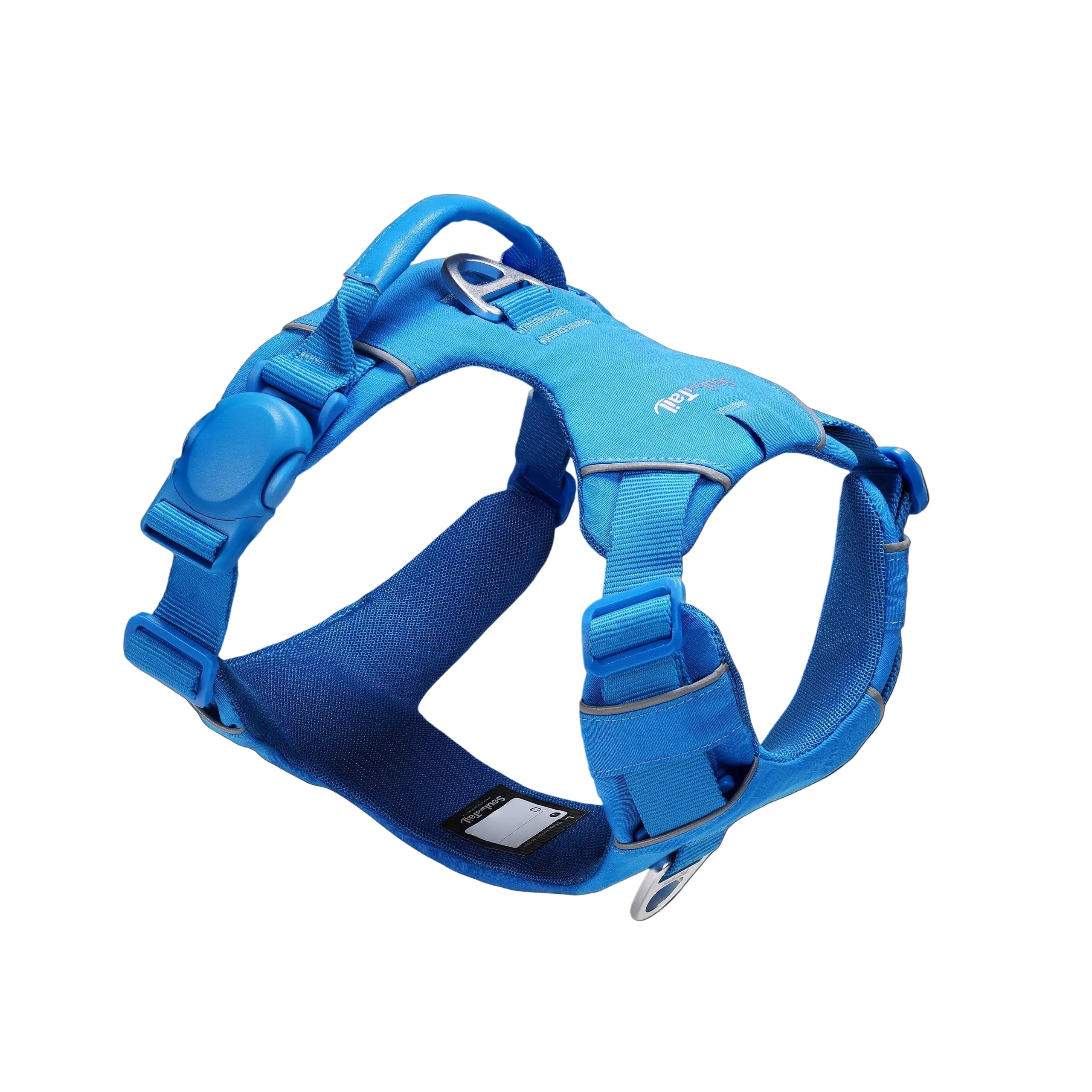 Blue dog harness with one side of a blue magnetic buckle, a blue vegan leather handle, and two aluminum rings, one on the back, and the other on the front, on a white background