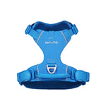 Blue dog harness with 'Soul and Tail' branding on a white background