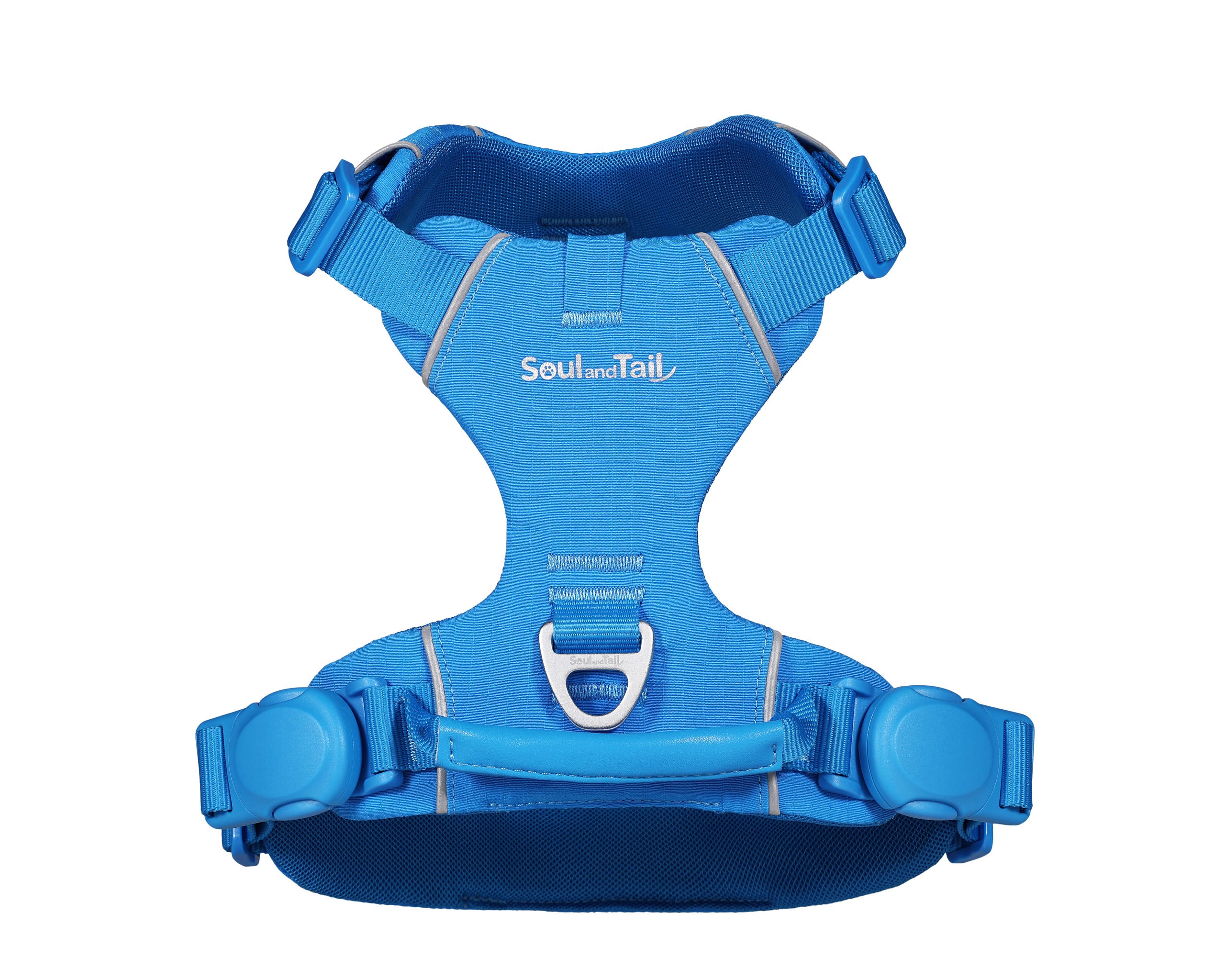 Blue dog harness with 'Soul and Tail' branding on a white background