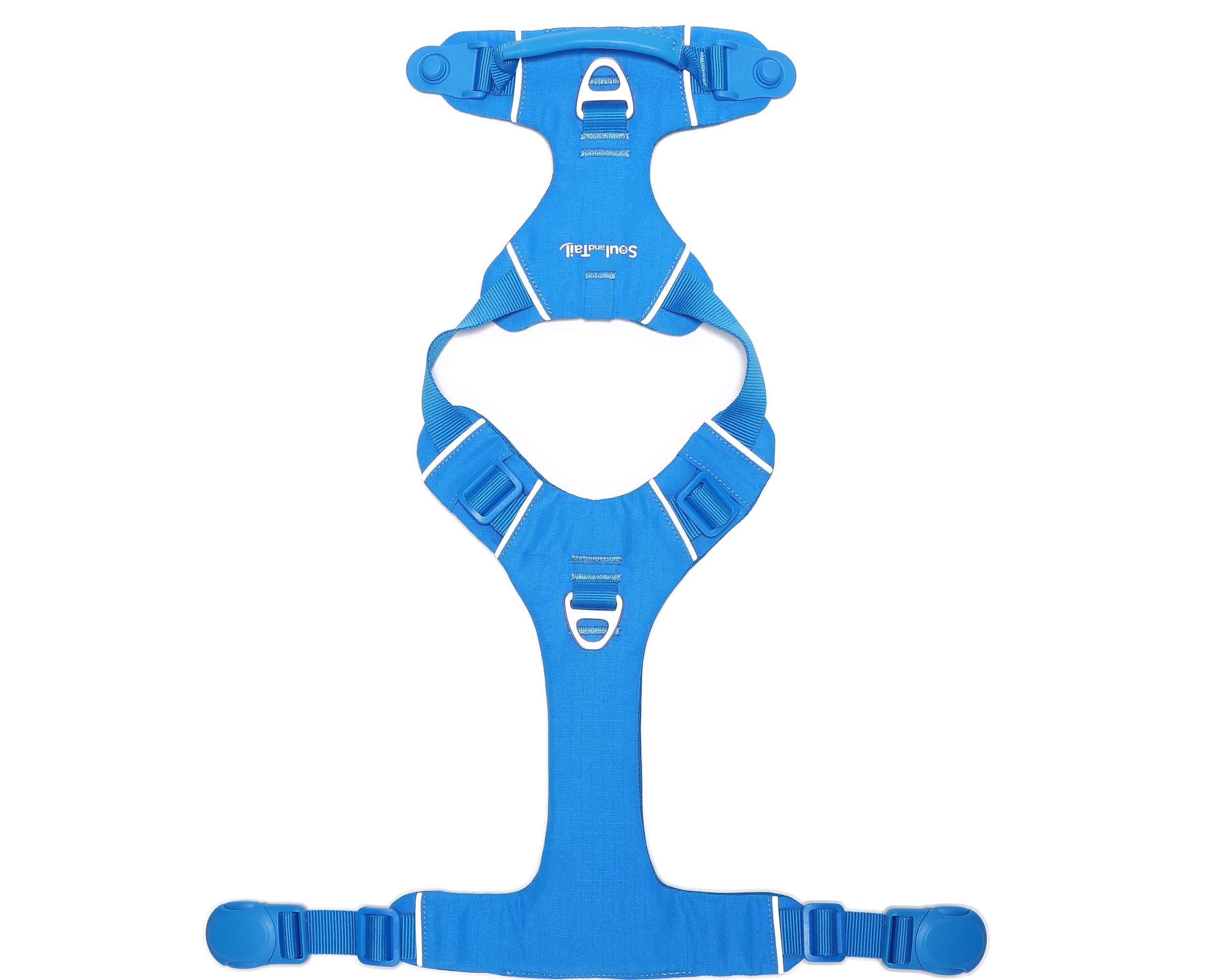 Blue dog harness, with its magnetic buckle fully opened, lying flat on a white background