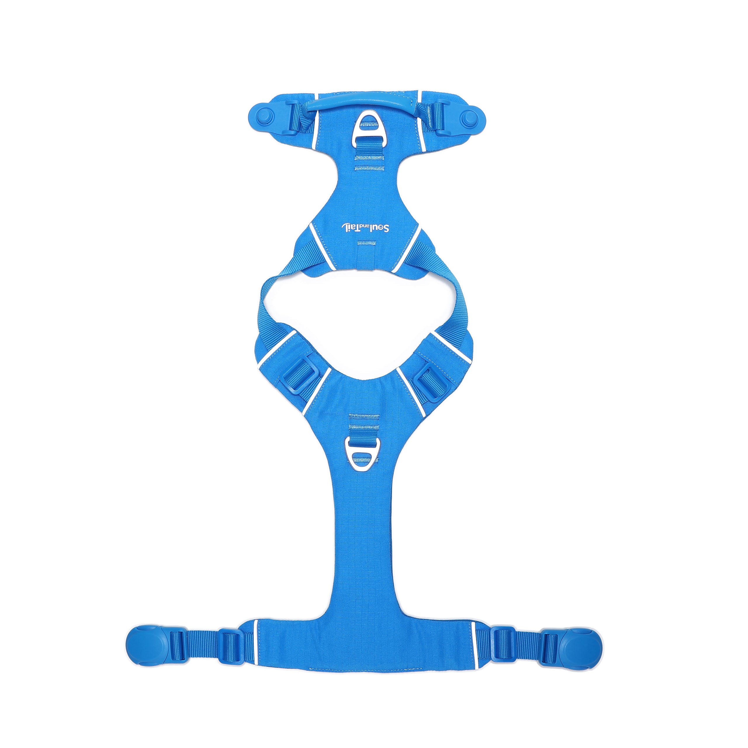 Blue dog harness, with its magnetic buckle fully opened, lying flat on a white background