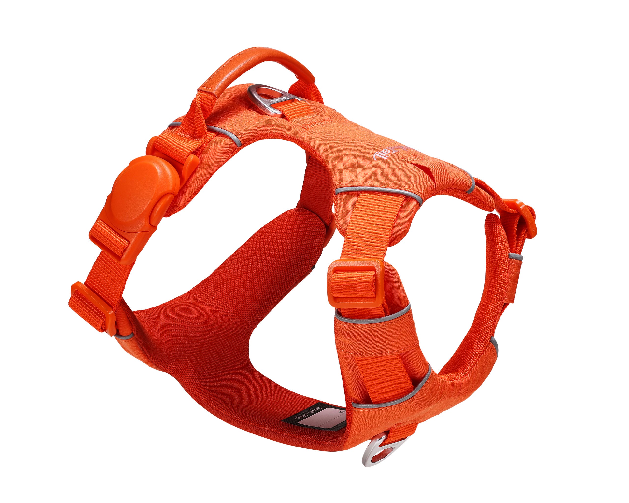 Orange dog harness with one side of an orange magnetic buckle, an orange vegan leather handle, and two aluminum rings, one on the back, and the other on the front, on a white background 